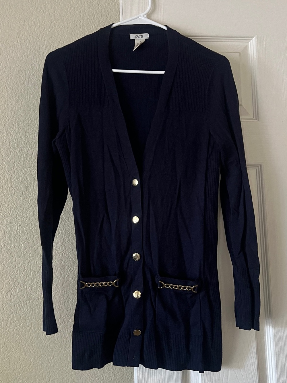 Cache Navy Cardigan with Gold Chain-Trim Pockets and Buttons